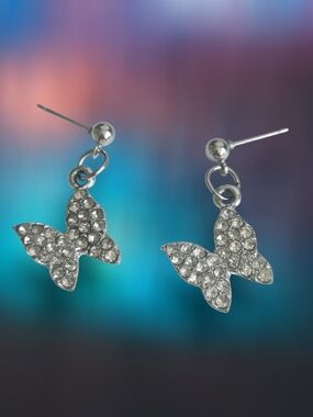 Silver Crystal Butterfly Drop Earrings - Women Jewelry